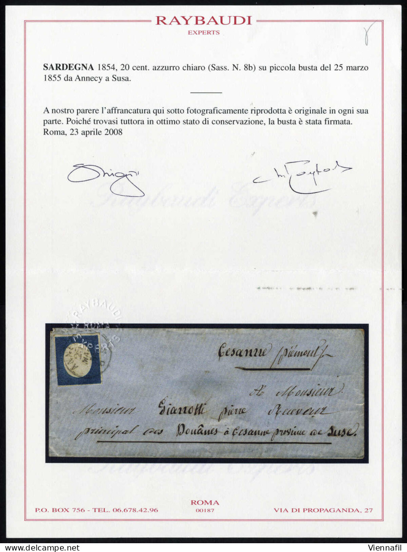 Cover 1855, Tre Lettere Da Annecy Per Susa Affrancate Con 20 C. Azzurro (due) E Azzurro Chiaro (una), Tre Cert. Raybaudi - Sardaigne