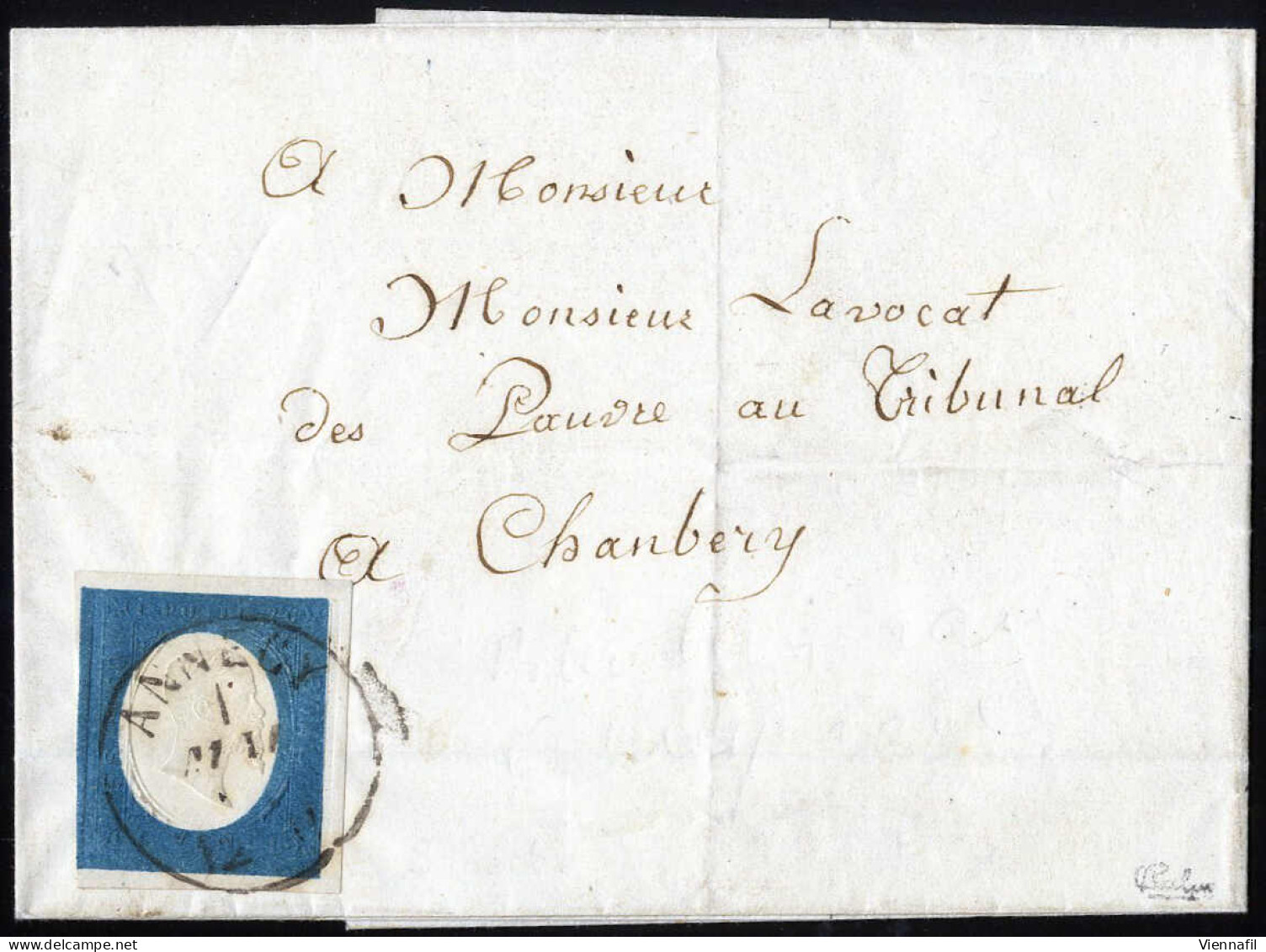 Cover 1855, Lettera Da Annecy Il 1.5 Per Chambery Affrancata Con 20 C. Azzurro Chiaro, Sass. 8b / 1350,- Michel 8b - Sardaigne