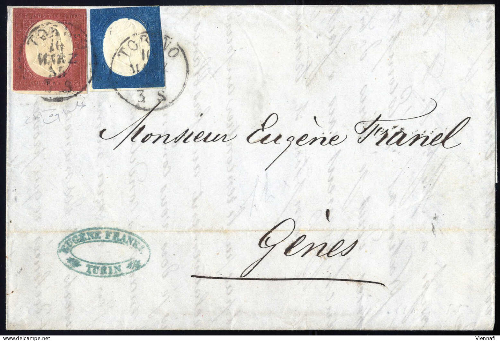 Cover 1855, Lettera Da Torino Il 10.3 Per Genova Affrancata Con 20 C. Azzurro E 40 C. Rosso Mattone, Cert. Oro Raybaudi, - Sardinia