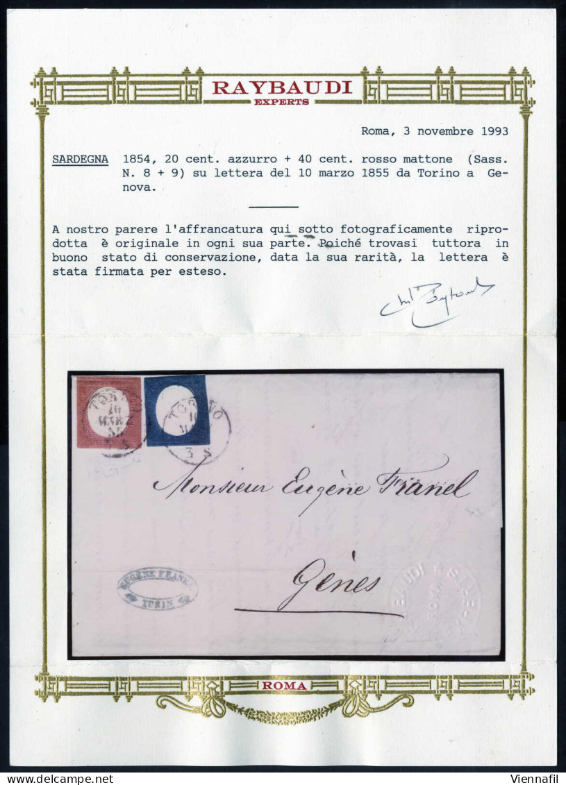 Cover 1855, Lettera Da Torino Il 10.3 Per Genova Affrancata Con 20 C. Azzurro E 40 C. Rosso Mattone, Cert. Oro Raybaudi, - Sardinien