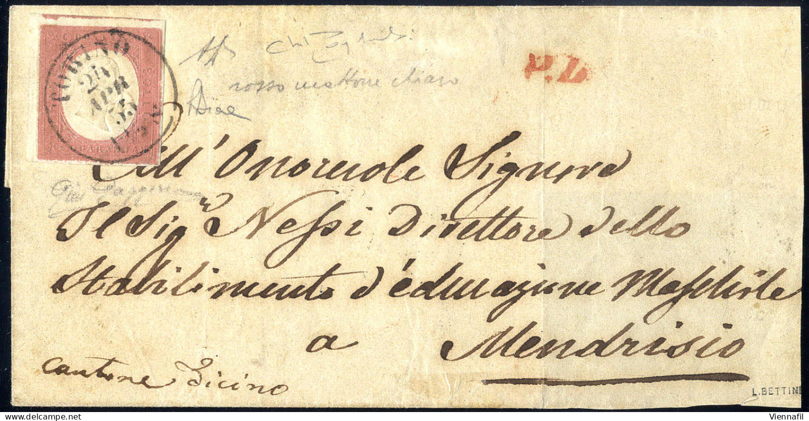 Cover 1864, 40 Cent. Rosso Mattone Chiaro Su Gran Parte Di Lettera Da Torino 24.4.1855 Per Mendrisio Nel Canton Ticino ( - Sardinia