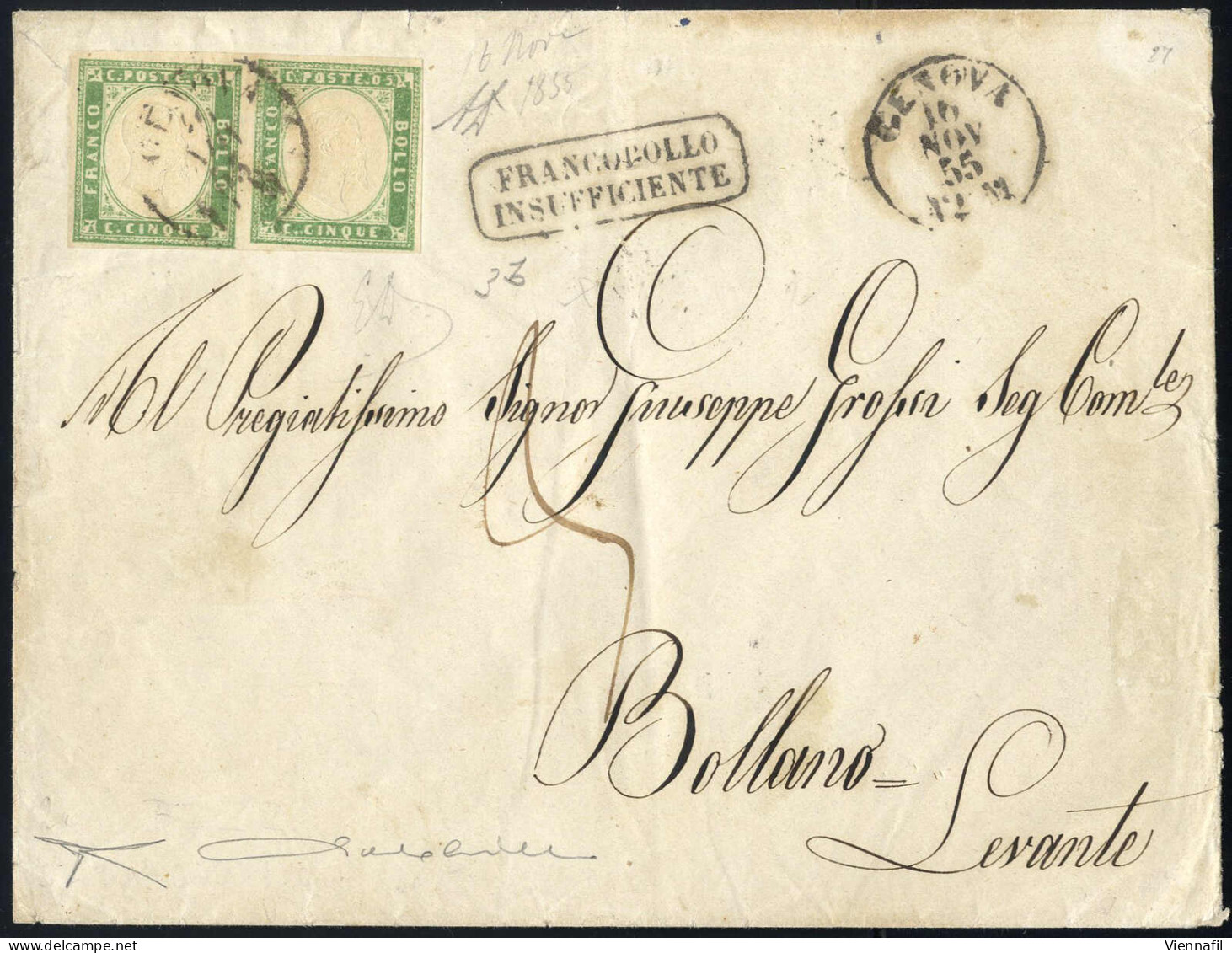 Cover 1855, Lettera Da Genova Il 16.11 Per Bollano Affrancata Con Coppia 5 C. Verde Giallo Pisello I Tavola, Affrancatur - Sardinia