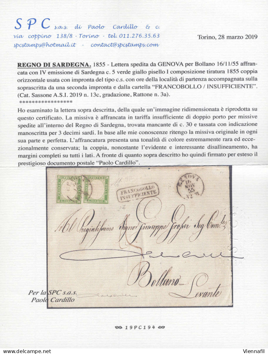 Cover 1855, Lettera Da Genova Il 16.11 Per Bollano Affrancata Con Coppia 5 C. Verde Giallo Pisello I Tavola, Affrancatur - Sardinien
