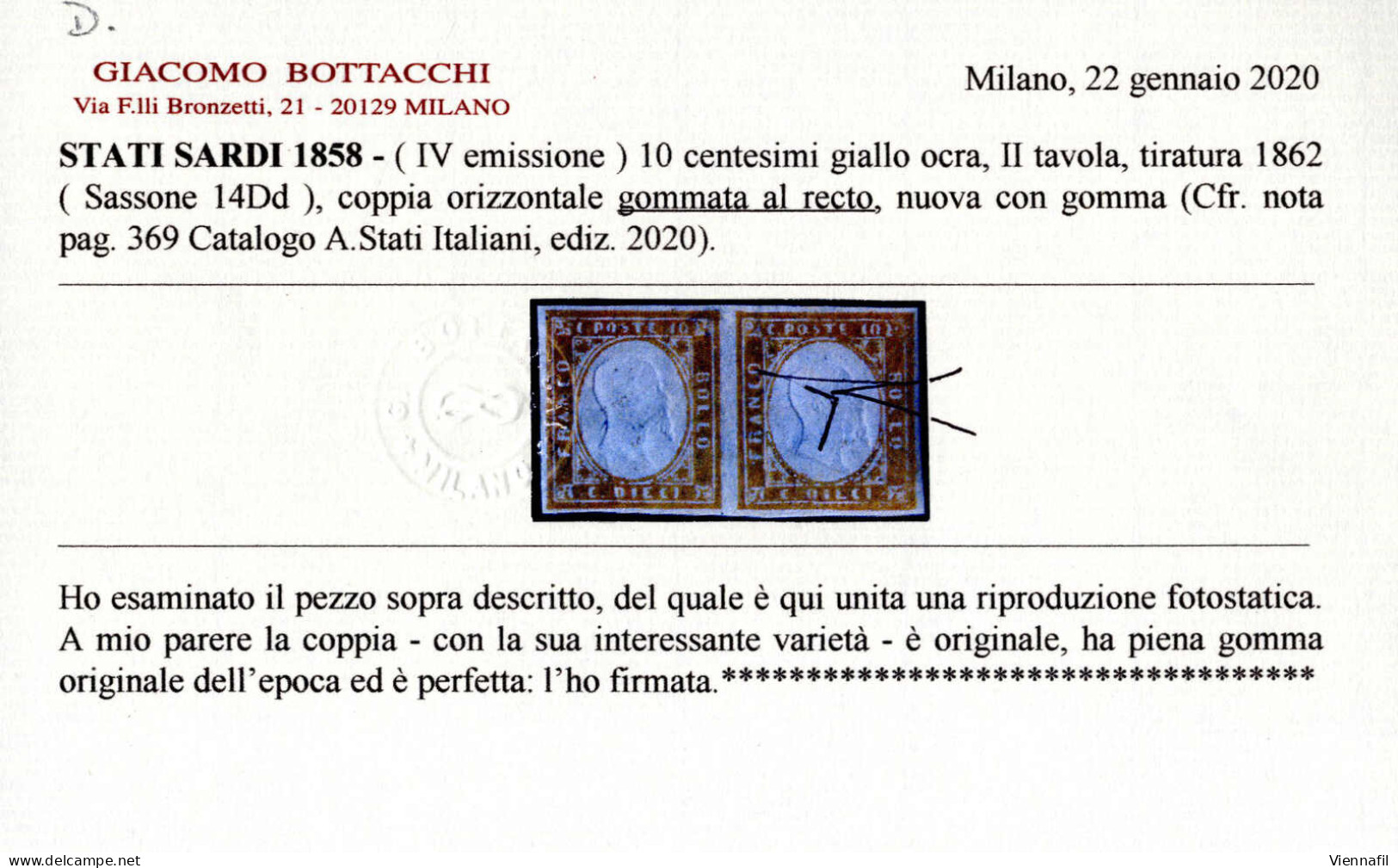 * 1858, IV. Em. 10 Cent. Giallo Ocra, II Tavola, Tiratura Del 1862, Coppia Orizzontale Nuova Gommata Al Recto (Cfr. Nota - Sardinië