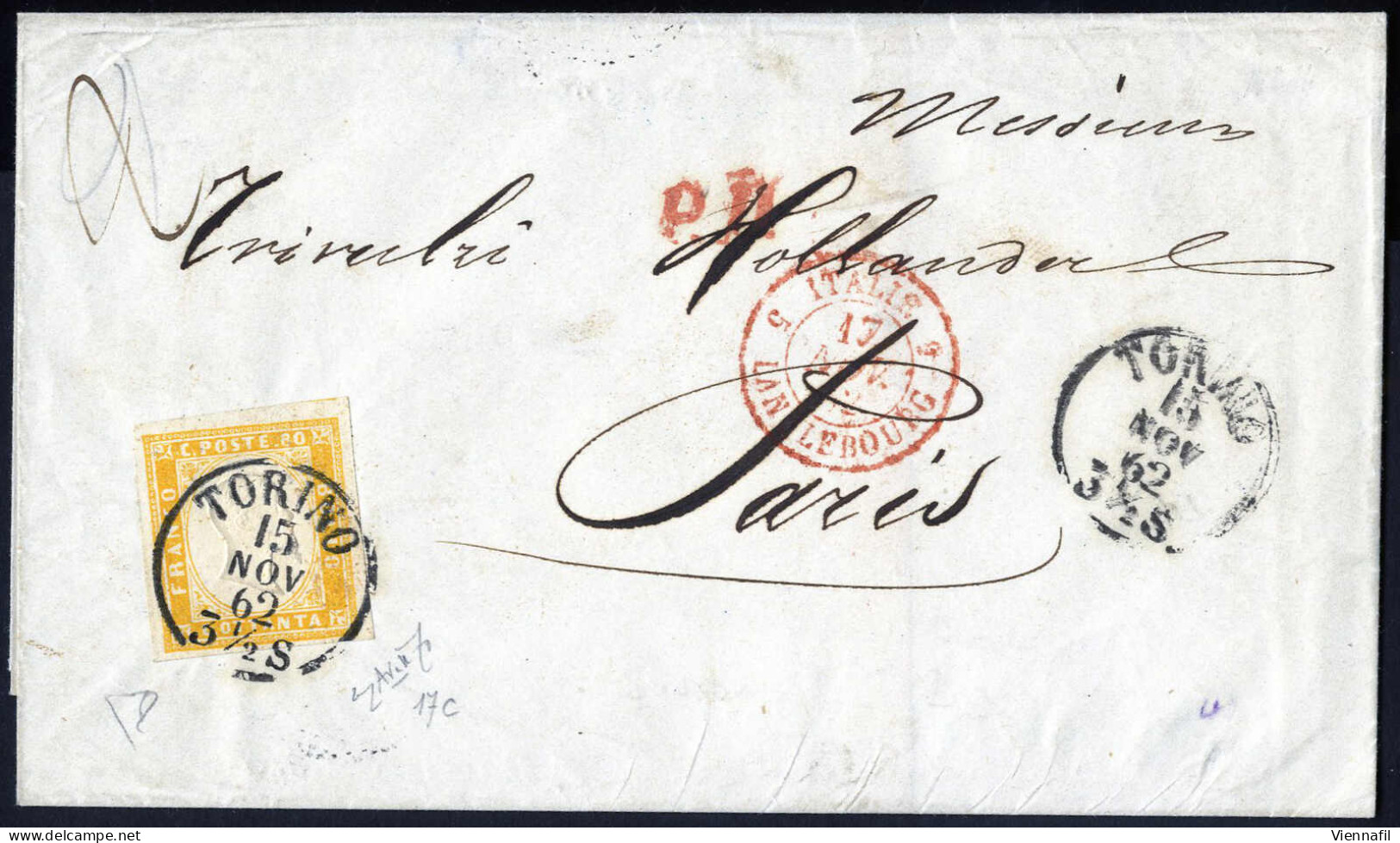 Cover 1862, Lettera Da Torino Il 15.11 Per Parigi (Francia) Affrancata Doppio Porto Con 80 C. Giallo Arancio Isolato, Fi - Sardinië