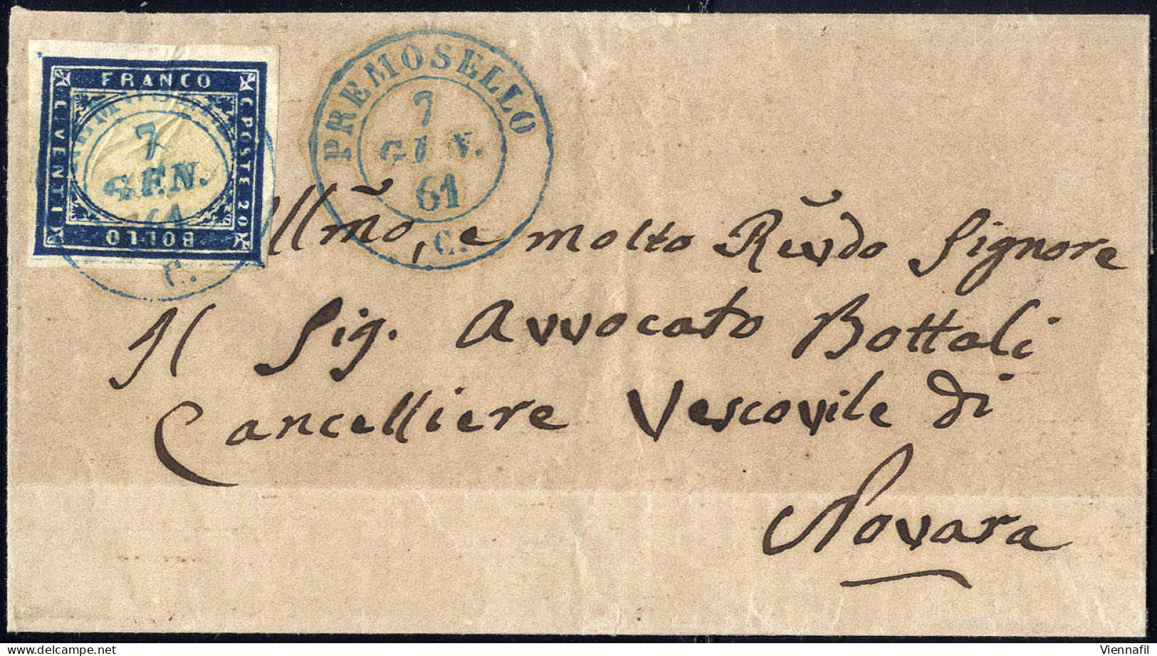 Cover Premosello D.c.C In Azzurro Su Lettera Del 7.1.1861 Per Novara Affrancata Con 20 C. Azzurro IV Di Sardegna, Punti  - Sardinien