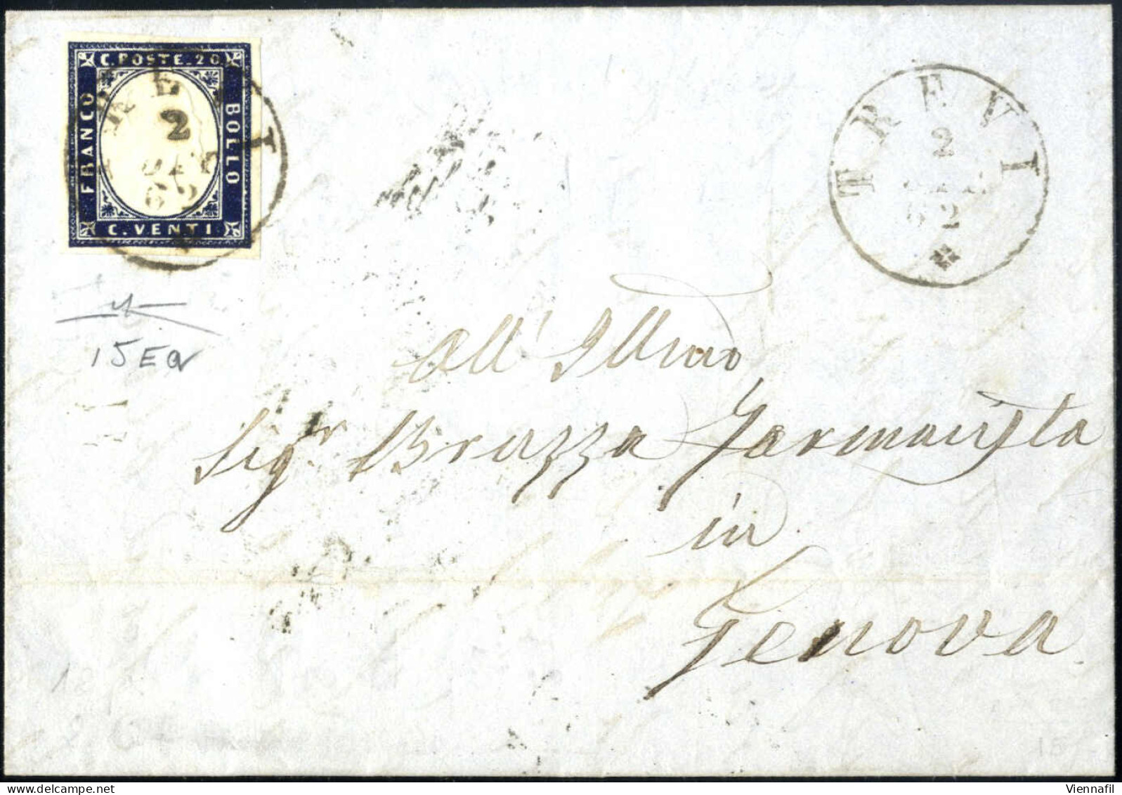 Cover TREVI, Lettera Del 2.10.1862 Da Trevi A Genova, Affrancata Con Sardegna IV Em. 20 C. Indaco Violaceo Scuro, II.a T - Sardinien