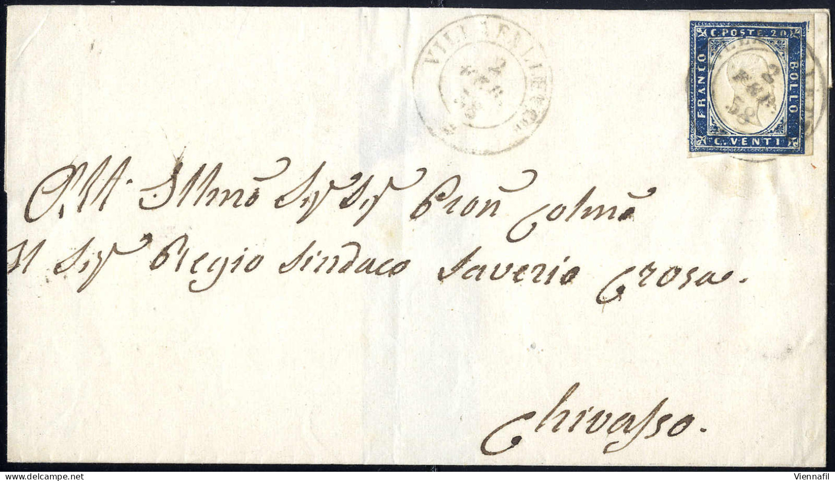 Cover Villafalletto, Lettera Affrancata Con 20 C. Della IV Emissione Vitt. Em. II Annullata Con Il D.c.rosetta Del 2.2.5 - Sardinia