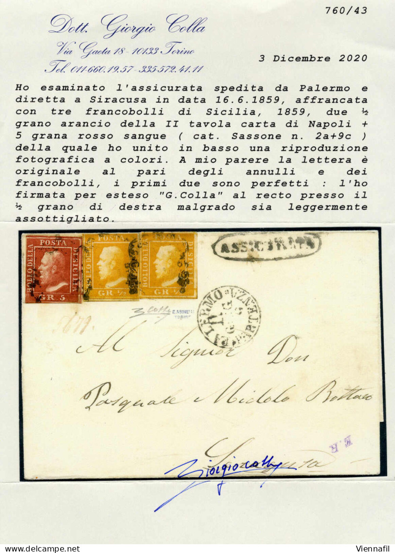 Cover 1859, Assicurata Del 1 .6.1859 Da Palermo A Siracusa, Affrancata Con Due Esemplari Del 1/2 Grana Arancio, II Tavol - Sizilien