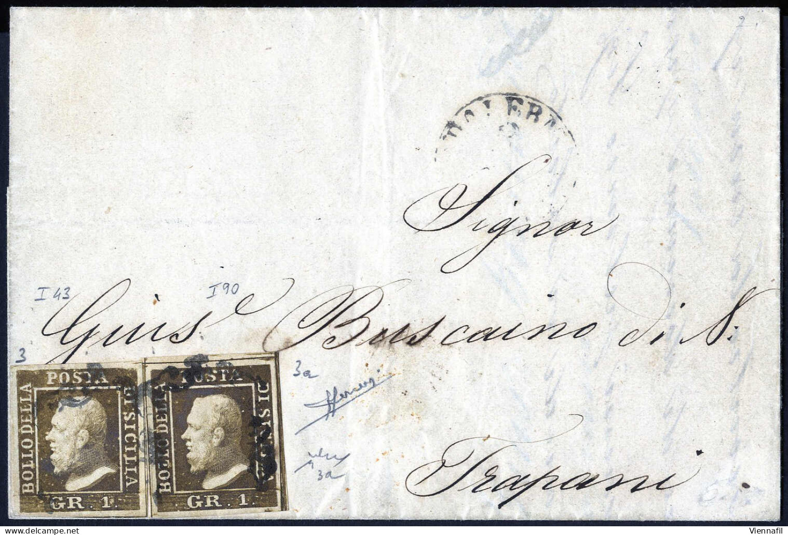 Cover 1859, Lettera Per Trapani Da Palermo 9 Agosto 1859 Affrancata Con Gr.1 Bruno Ruggine 1a Tavola Posizione 43 + Gr.1 - Sicilië