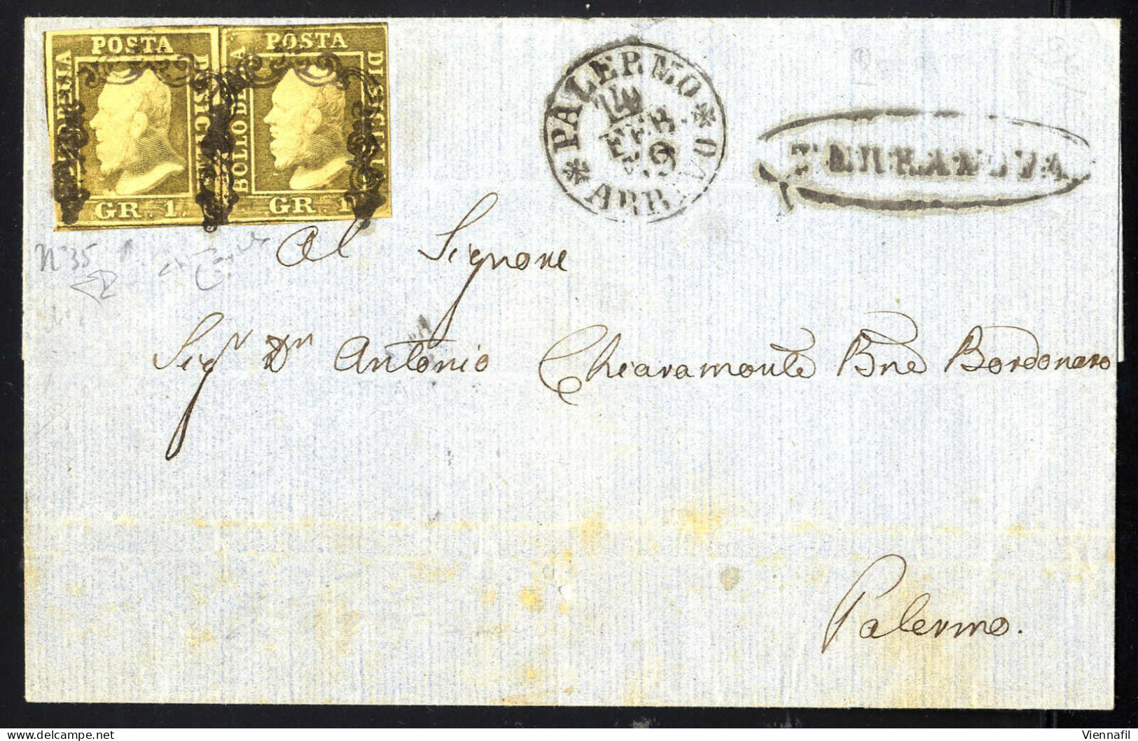 Cover 1859, Lettera Da Terranova Del 9.2 Per Palermo Affrancata Con Coppia 1 Gr. Oliva Grigiastro II Tavola Carta Di Nap - Sizilien