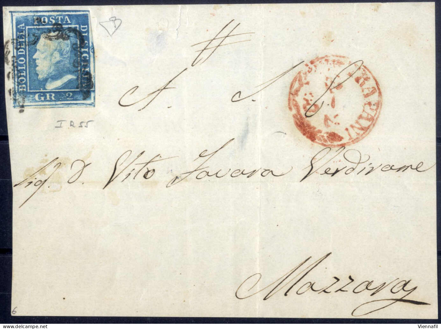 Cover 1859, Frontespizio Di Lettera Del 14.2.1860 Da Trapani A Mazzara Affrancato Con Un 2 Grana Azzurro, I Tavola, Cart - Sicile