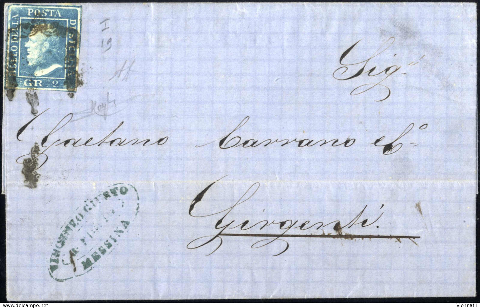 Cover 1859, Lettera Completa Del Testo Del 24.8.1859 Da Messina A Girgenti, Affrancata Con 2 Grana Azzurro, I Tavola, Ca - Sizilien