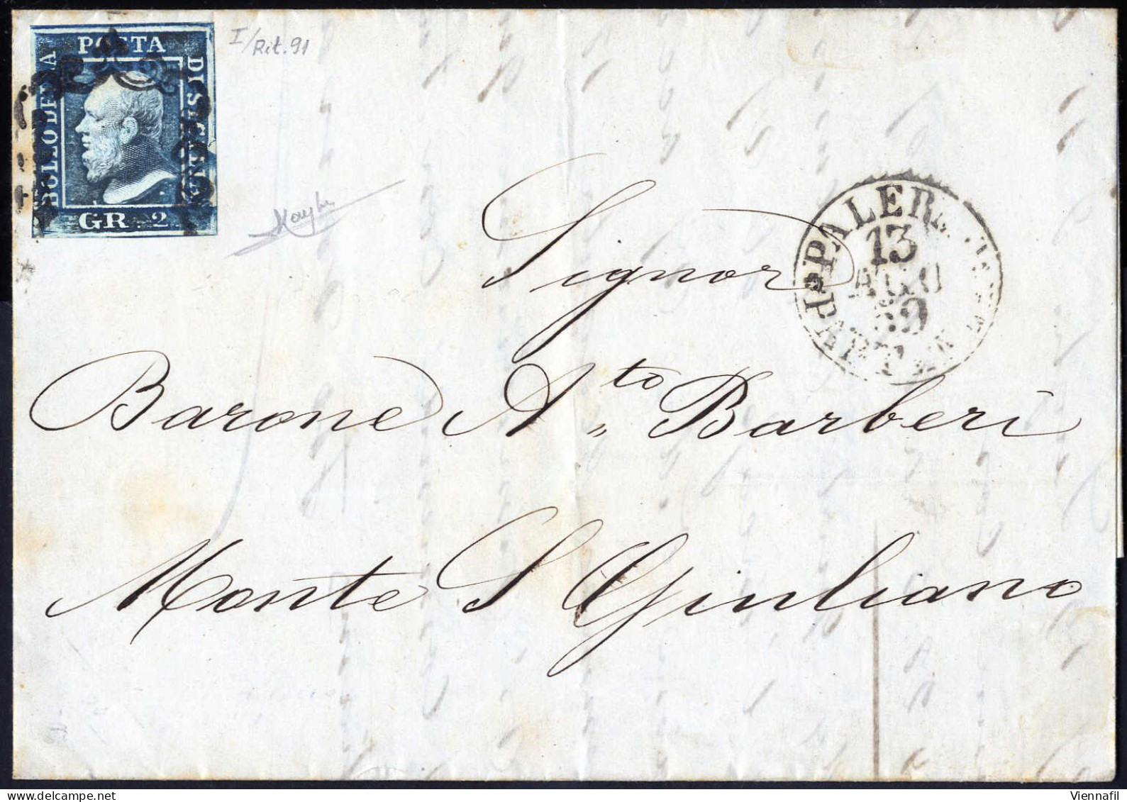 Cover 1859, Lettera Da Palermo Del 13.8 Per Monte S. Giuliano, Affrancata Con 2 Gr. Azzurro I Tavola Carta Di Napoli Rit - Sicily