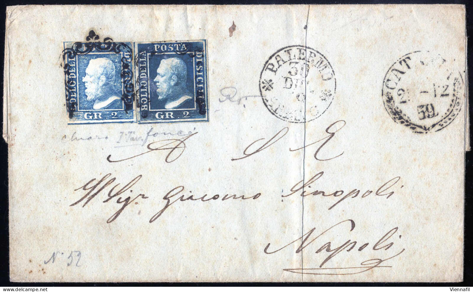 Cover 1859, Lettera Da Palermo Il 30.12 Per Napoli Affrancata Con Due 2 Gr. Azzurro, Due Tinte Due Tavole, Sass 6,8 - Sicilia