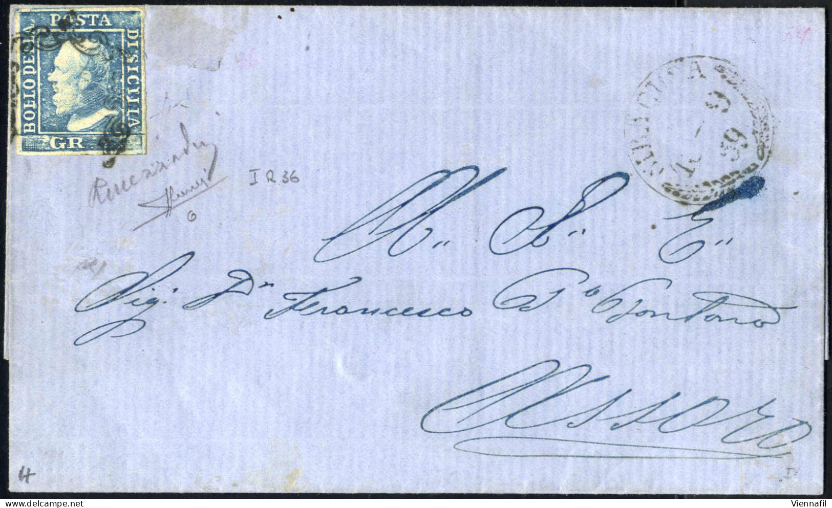 Cover 1859, Lettera Del 1 .9. 1859 Da Siracusa Ad Assoro, Affrancata Con 2 Grana Azzurro, I Tavola, Carta Di Palermo, Ri - Sicile