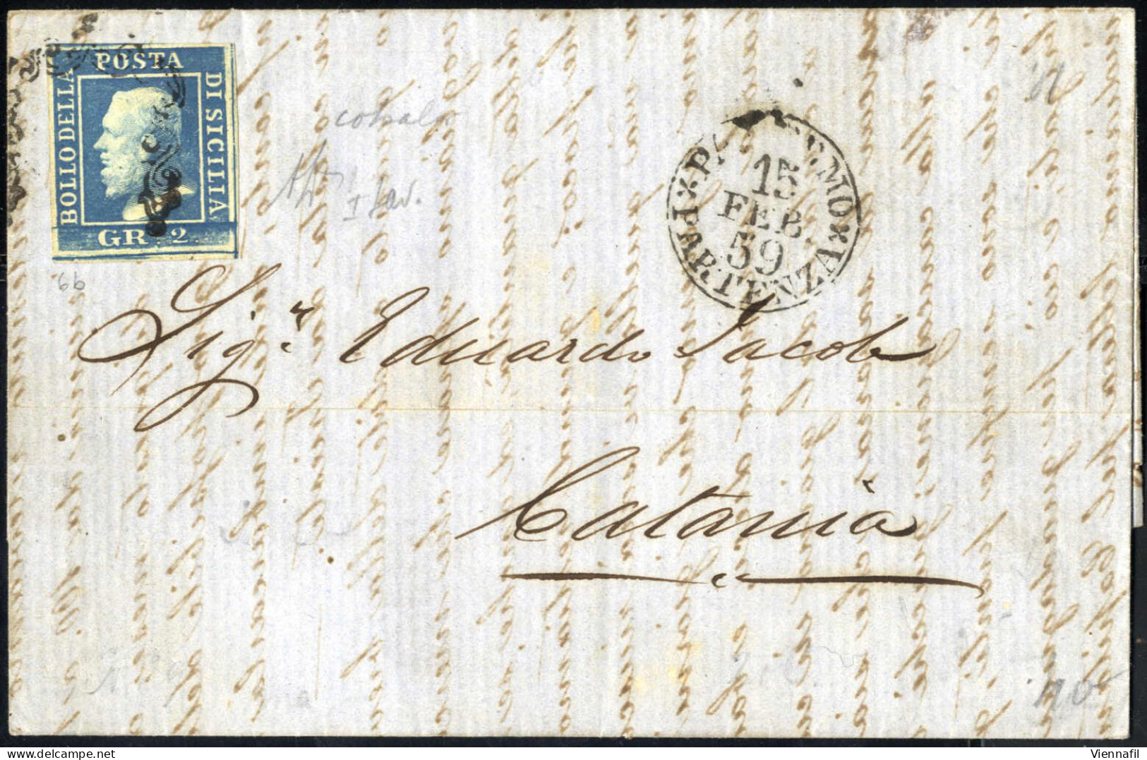 Cover 1859, Lettera Completa Del Testo Del 15.2.1859 Da Palermo A Catania, Affrancata Con 2 Grana Cobalto, I Tavola, Car - Sicily