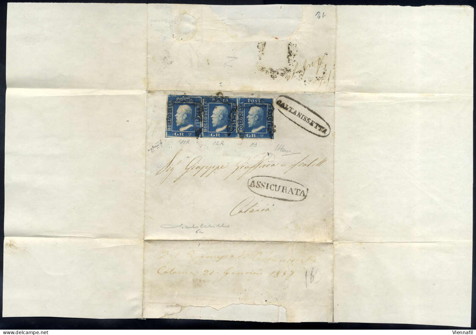 Cover 1859, Assicurata Del 20.1.1859 Da Caltanisetta A Catania, Affrancata Con Una Striscia Orizzontale Di Tre Del 2 Gra - Sicily