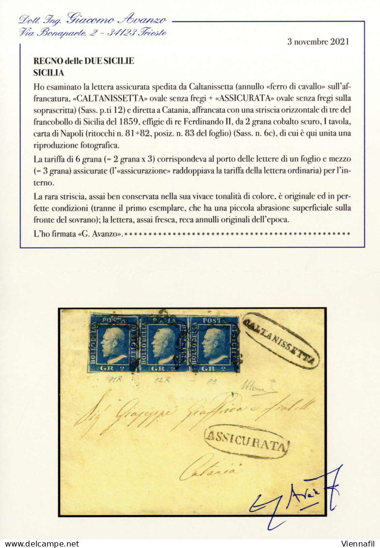 Cover 1859, Assicurata Del 20.1.1859 Da Caltanisetta A Catania, Affrancata Con Una Striscia Orizzontale Di Tre Del 2 Gra - Sicile