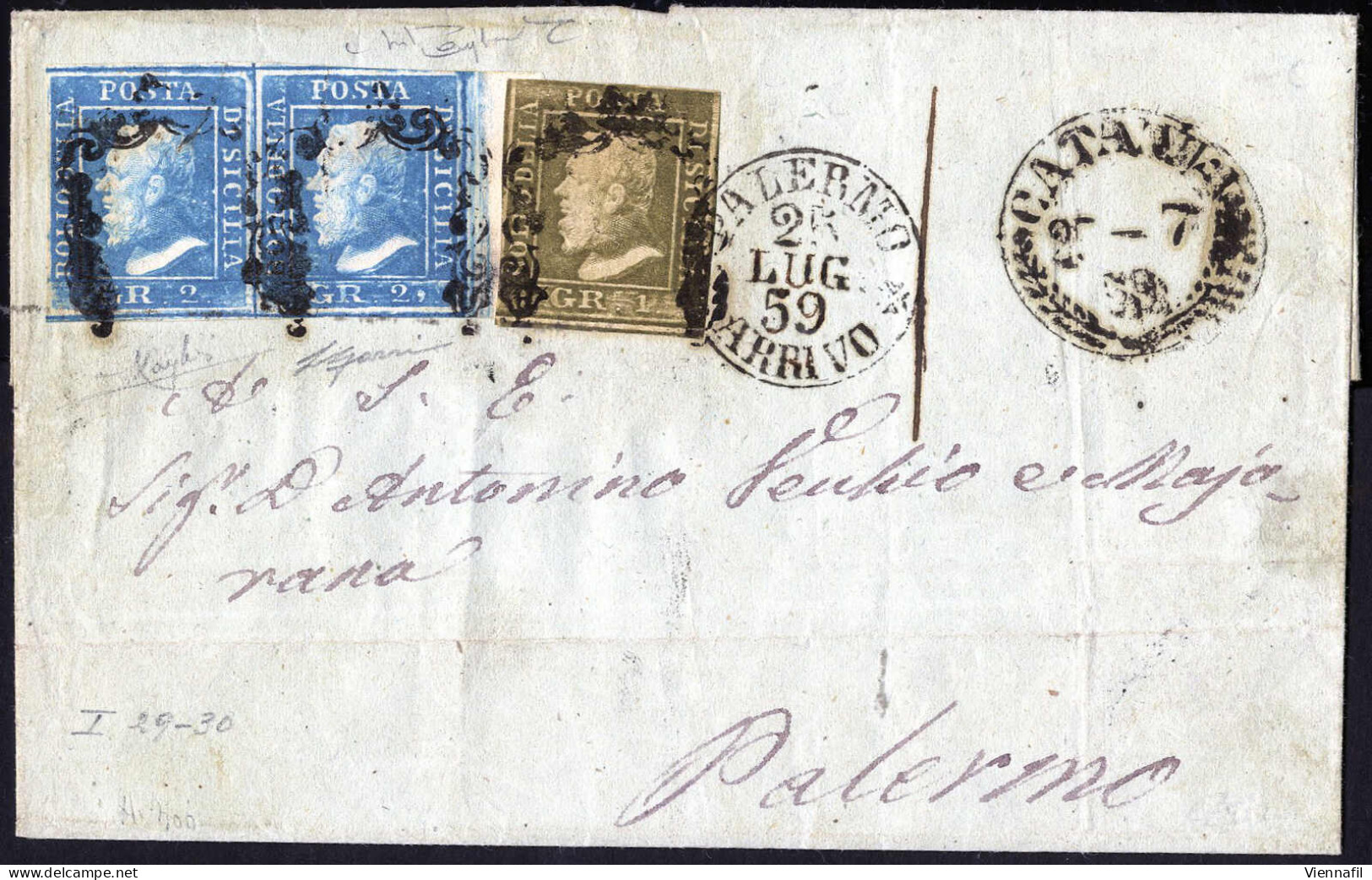 Cover 1859, Lettera Da Catania Del 25.7 Per Palermo Affrancata Con Coppia 2 Gr. Azzurro Smorto (bordo Di Foglio A Destra - Sicily