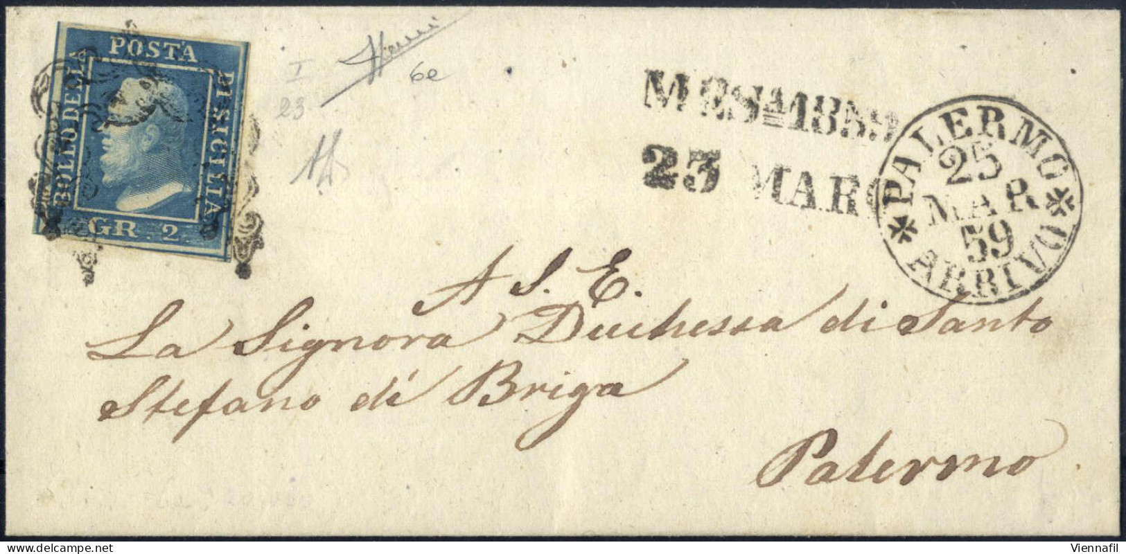 Cover 1859, Lettera Del 23.3.1859 Da Messina A Palermo Affrancata Con 2 Grana Azzurro Smorto, I Tavola, Carta Di Napoli, - Sicilië