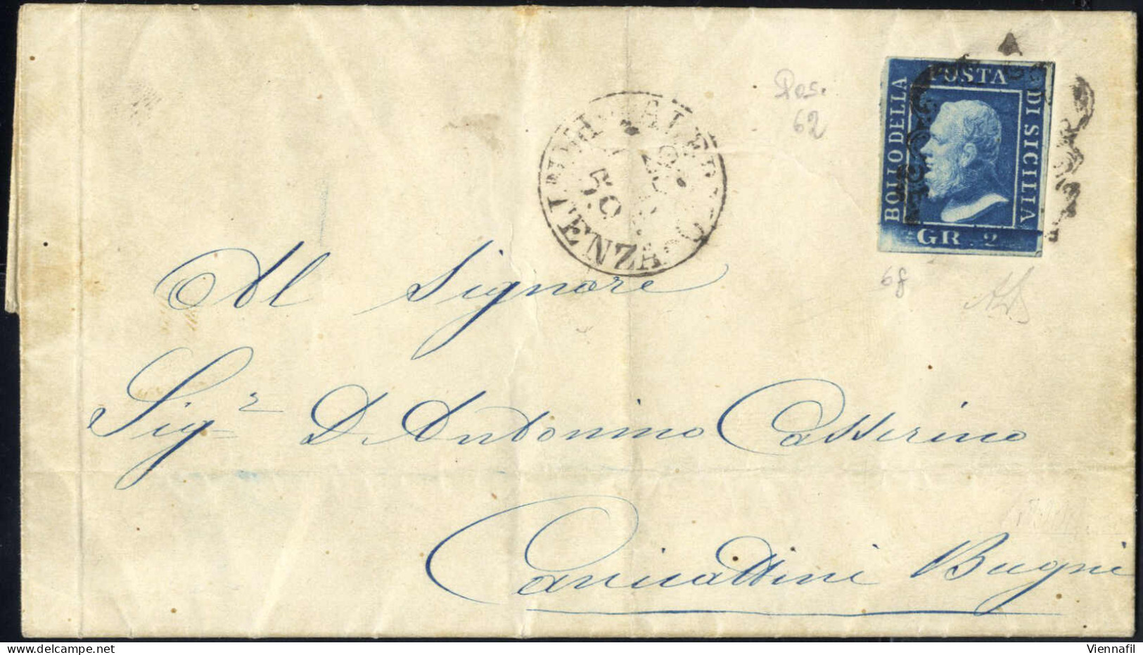 Cover 1859, Lettera Completa Del Testo Del 23.7.1859 Da Palermo A Canicattini Bagni Affrancata Con 2 Grana Azzurro Vivo, - Sizilien