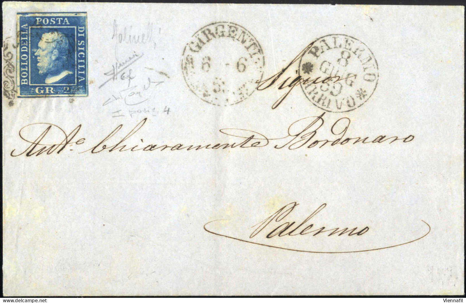 Cover 1859, Lettera Del 6.6.1859 Da Girgenti A Palermo, Affrancata Con 2 Grana Azzurro Vivo, I Tavola, Carta Di Napoli,  - Sizilien