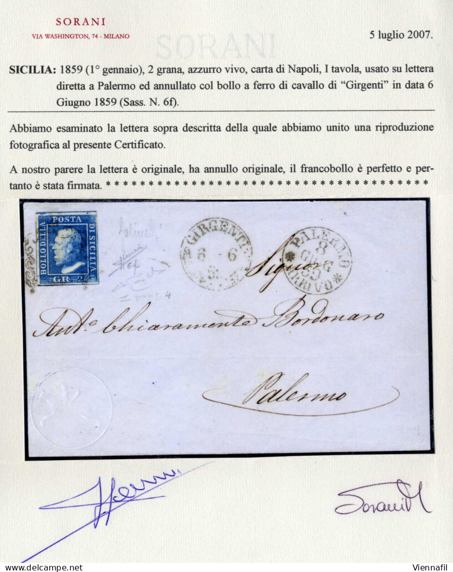 Cover 1859, Lettera Del 6.6.1859 Da Girgenti A Palermo, Affrancata Con 2 Grana Azzurro Vivo, I Tavola, Carta Di Napoli,  - Sizilien