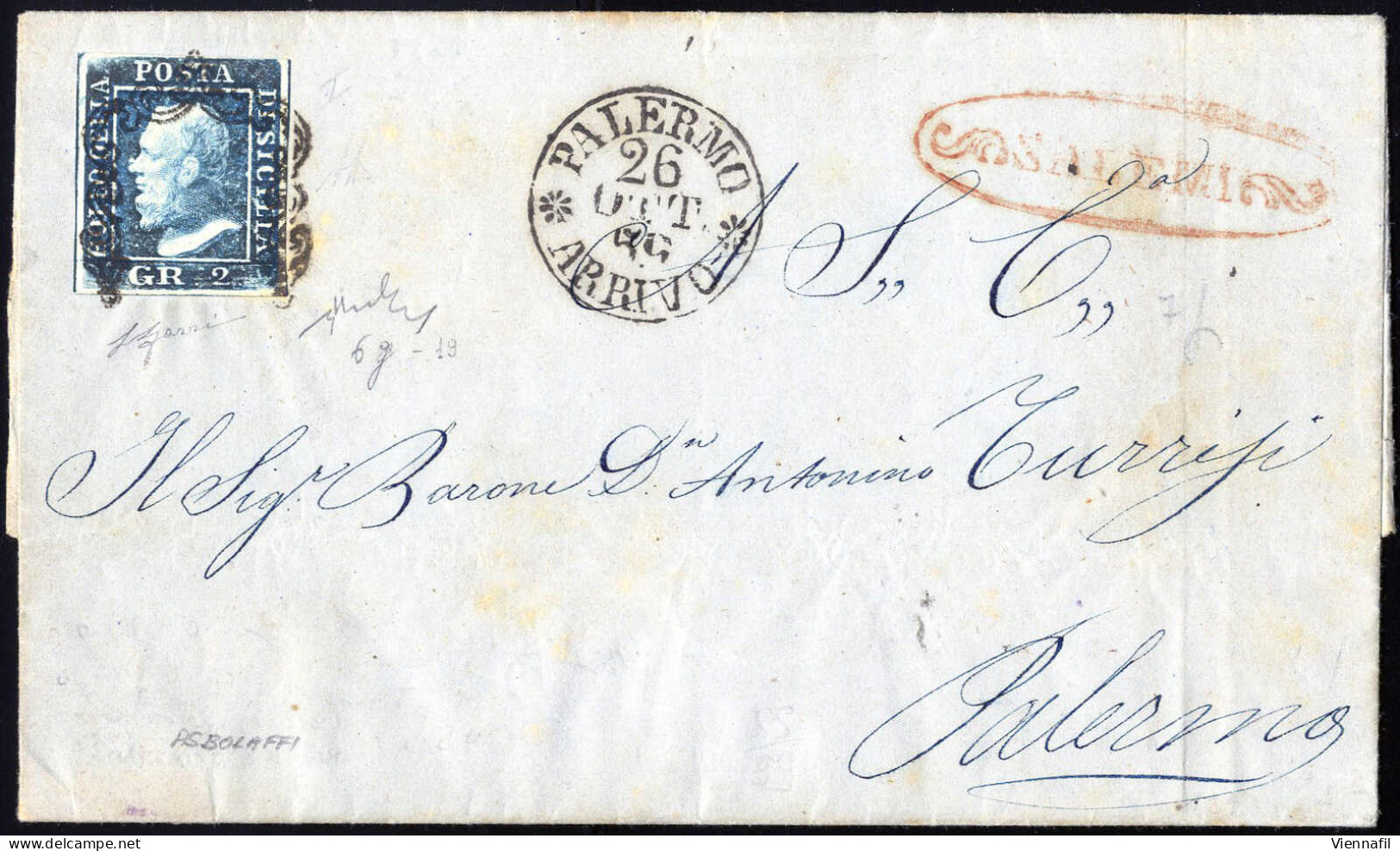 Cover 1859, Lettera Da Partonali Del 25.10 Per Palermo, Bollo A Fianco Rosso "Salemini" (Ovale C.f. Punti 8) Affrancata  - Sicilië