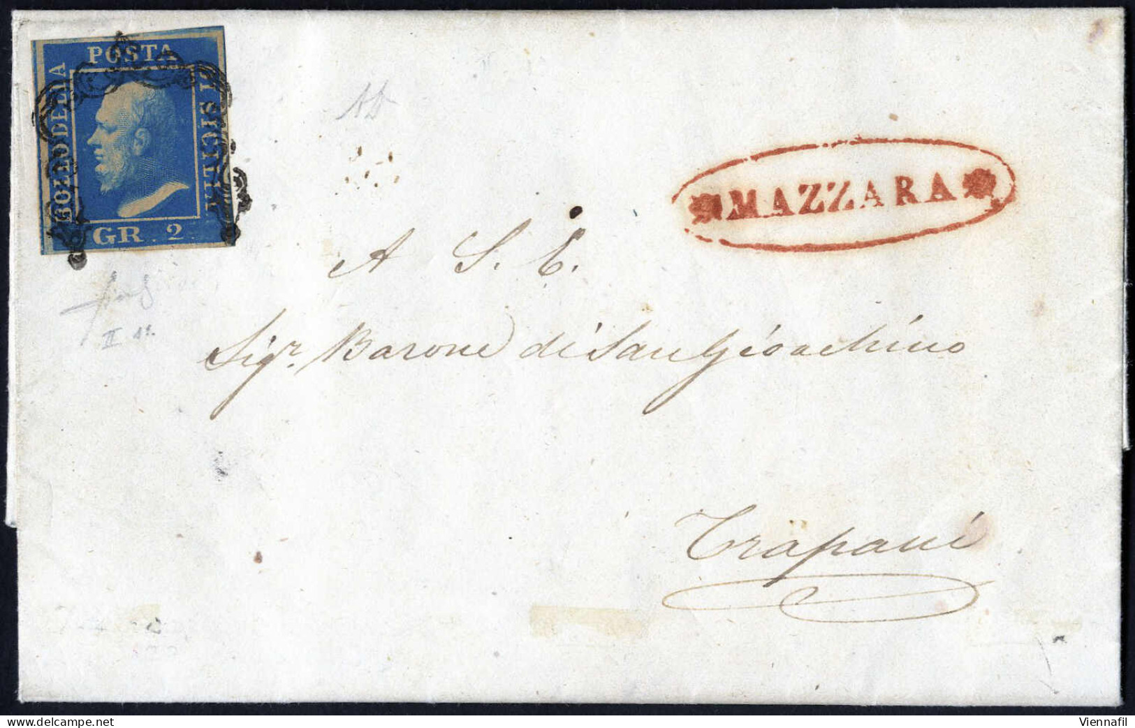 Cover 1859, Lettera Da Mazzara (ovale C. F. Rosso Punti 8) Del 22.1 Per Trapani Affrancata Con 2 Gr. Azzurro Oltremare I - Sicilië