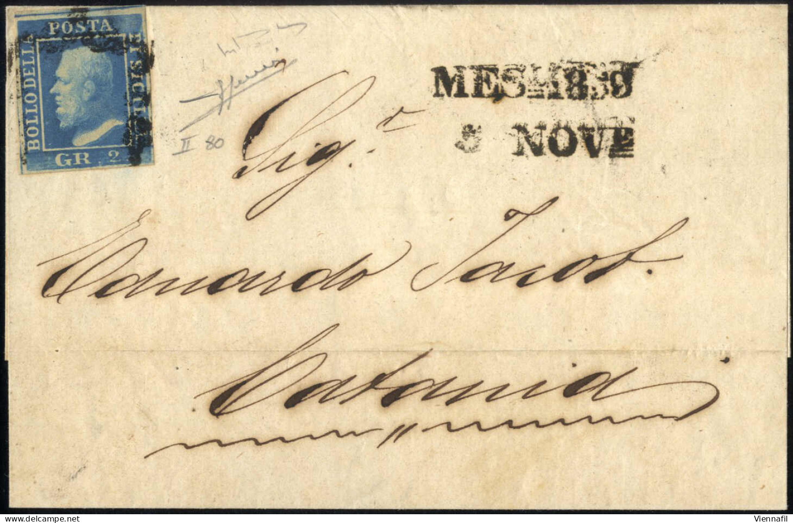 Cover 1859, Lettera Del 5.11.1859 Da Messina A Catania, Affrancata Con 2 Grana Azzurro Oltremare, II Tavola, Carta Di Na - Sicile