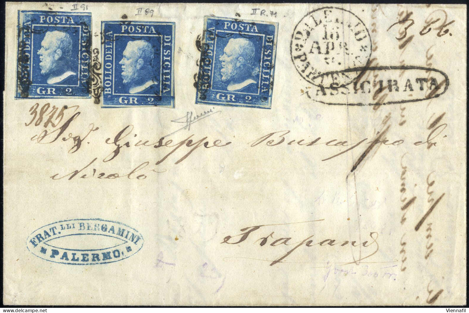 Cover 1859, Assicurata Del 16.4.1859 Da Palermo A Trapani, Affrancata Con Tre Esemplari Del 2 Grana Azzurro Vivo, II Tav - Sicilië