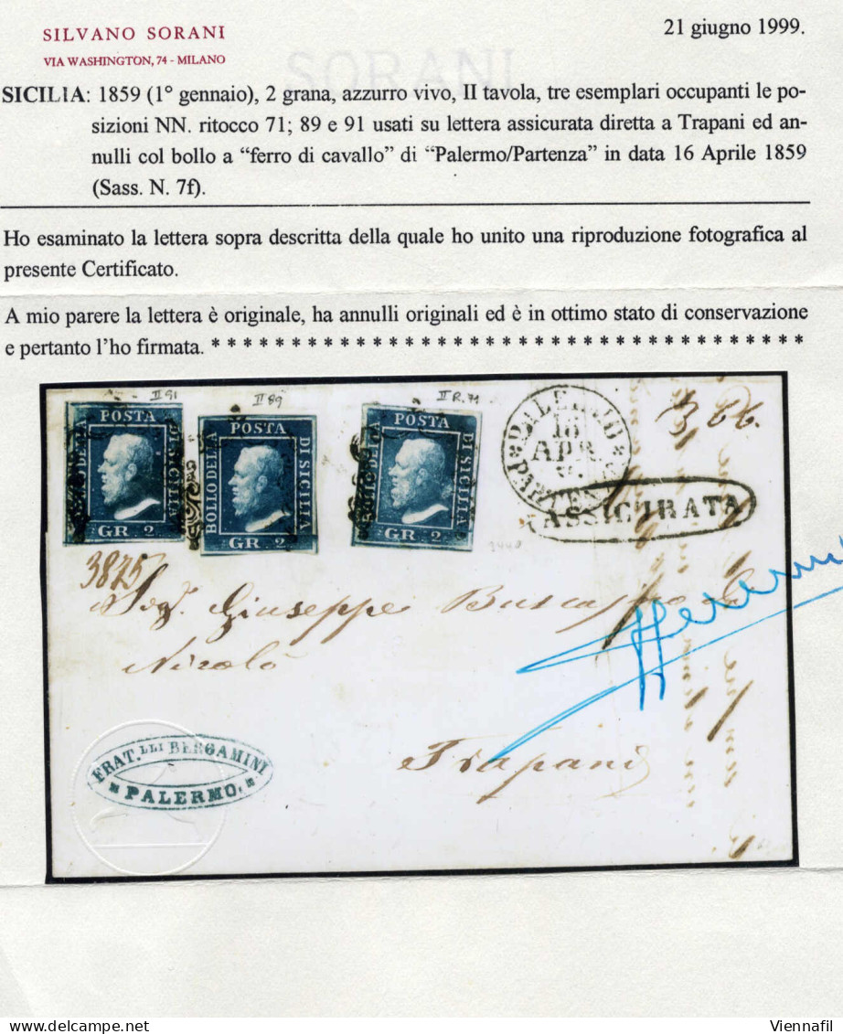 Cover 1859, Assicurata Del 16.4.1859 Da Palermo A Trapani, Affrancata Con Tre Esemplari Del 2 Grana Azzurro Vivo, II Tav - Sizilien