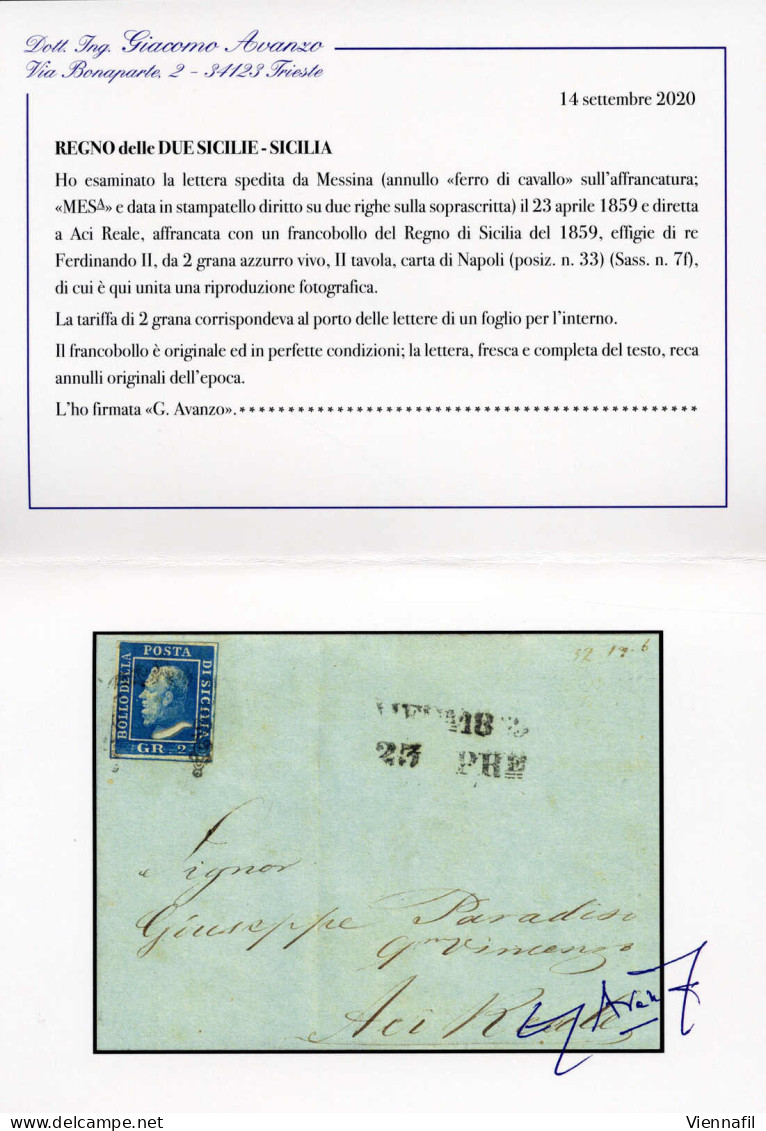 Cover 1859, Lettera Del 23.4.1859 Da Messina Ad Aci Reale, Affrancata Con 2 Grana Azzurro Vivo, II Tavola, Carta Di Napo - Sicilia