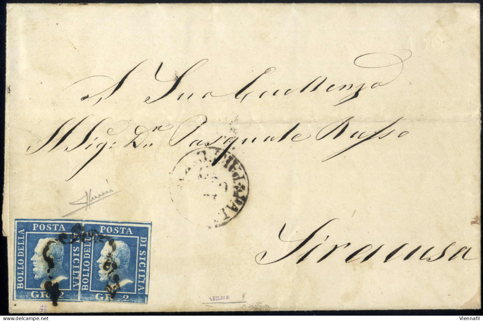 Cover 1859, Lettera Del ... Ottobre 1859 Da Palermo A Siracusa, Affrancata Con Due Esemplari Del 2 Grana Azzurro Chiaro, - Sicilia