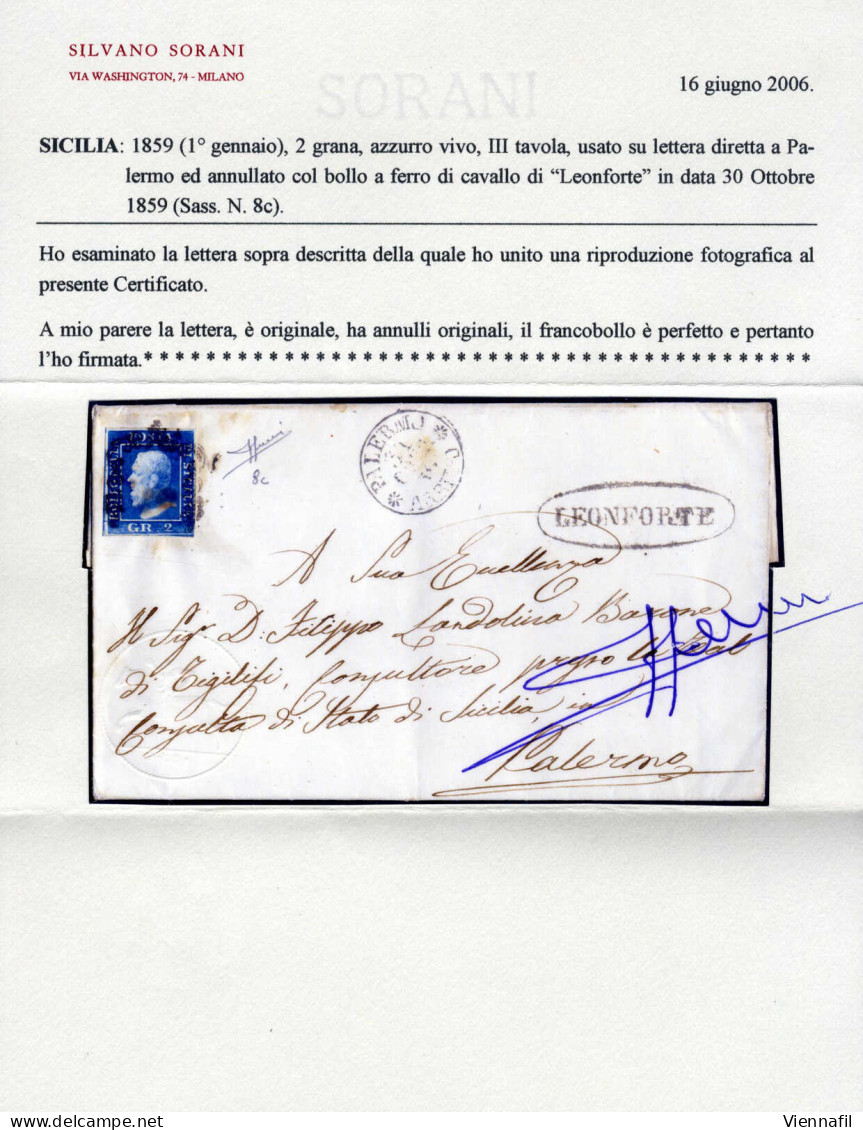 Cover 1859, Lettera Completa Del Testo Del 30.10.1859 Da Leonforte A Palermo, Affrancata Con 2 Grana Azzurro Vivo, Carta - Sicily