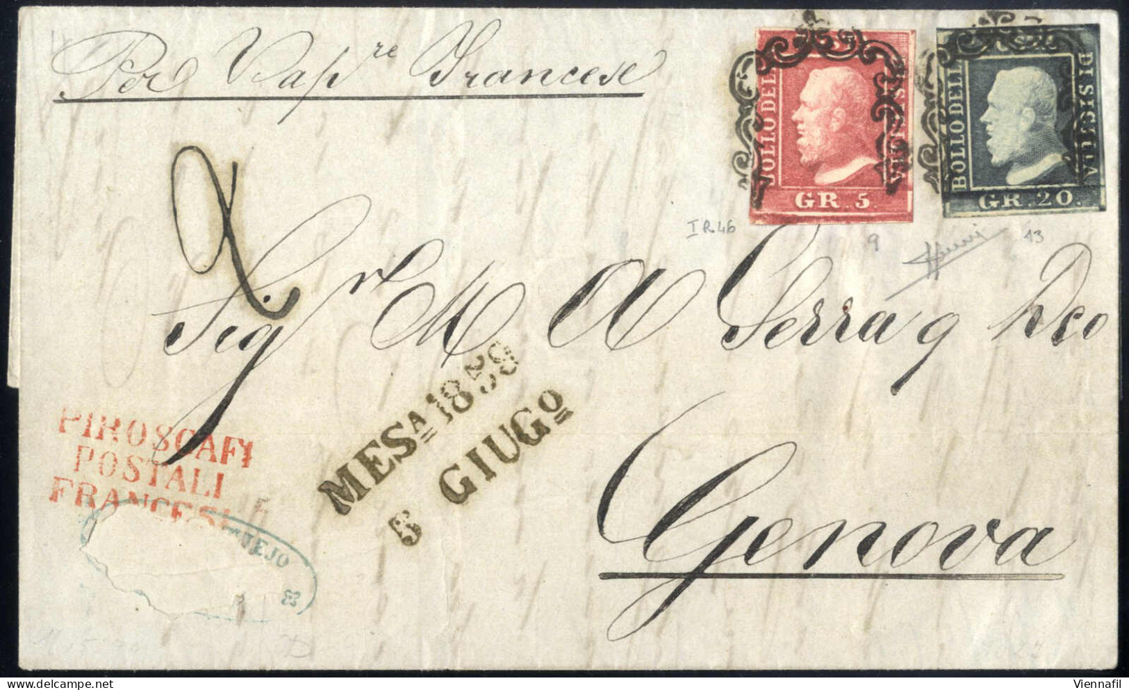 Cover 1859, Lettera Del 5.6.1859 Da Messina (coi Vapori Francesi) A Genova, Affrancata Per Il Trasporto Via Mare Con 5 G - Sicilië