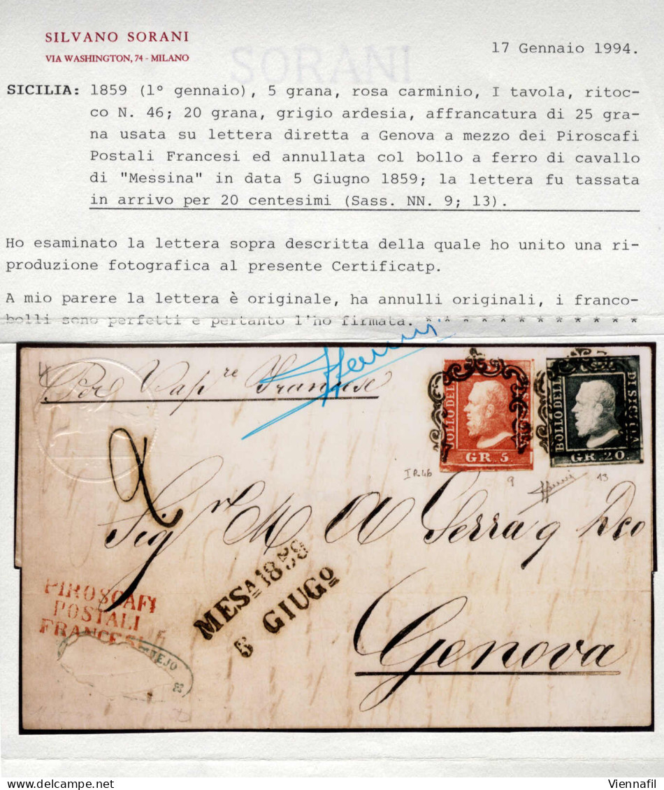 Cover 1859, Lettera Del 5.6.1859 Da Messina (coi Vapori Francesi) A Genova, Affrancata Per Il Trasporto Via Mare Con 5 G - Sicilië