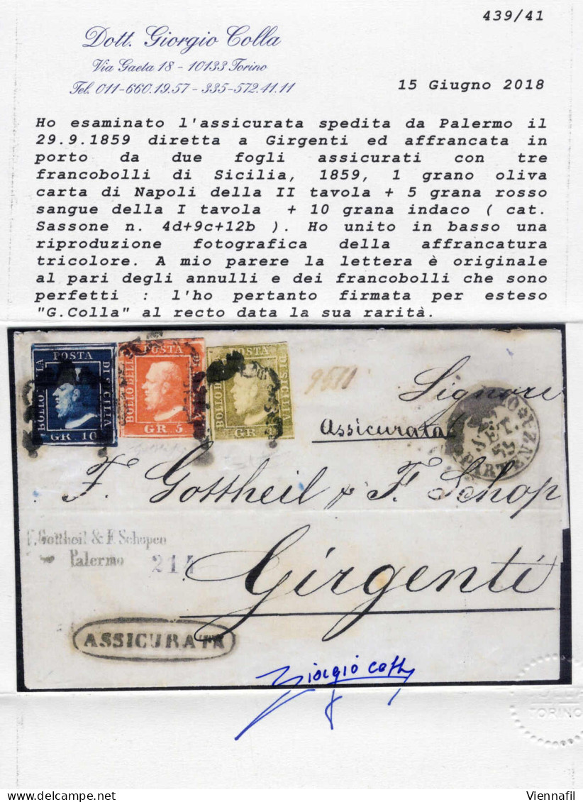 Cover 1859, Assicurata Del 29.9.1859 Da Palermo A Girgenti Affrancata Per Il Porto Di Una Lettera Di Due Fogli Assicurat - Sizilien