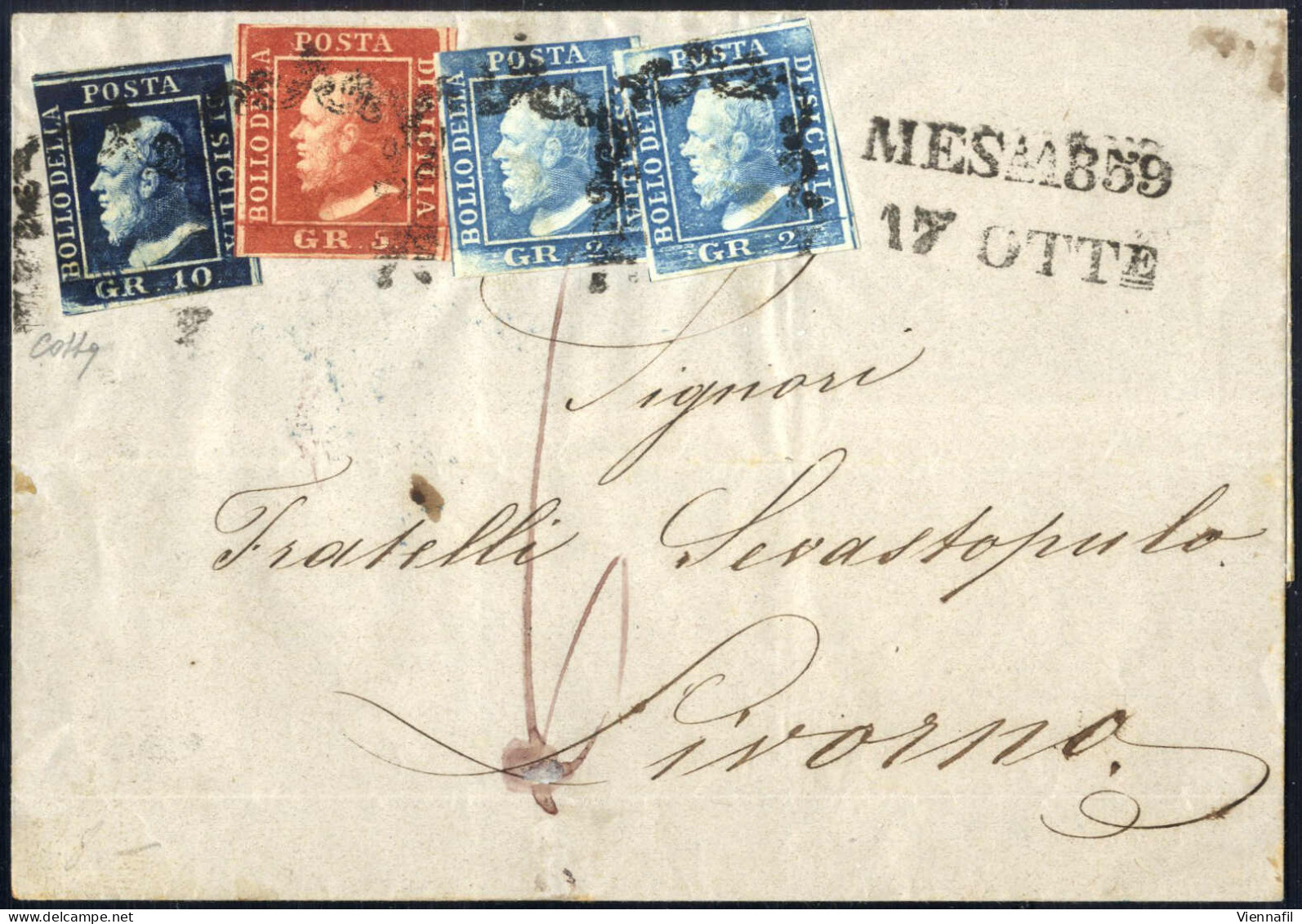 Cover 1859, Lettera Del 17.10.1859 Da Messina A Livorno Affrancata Per Il Trasporto Via Mare Sino Al Porto Con Due Esemp - Sicily