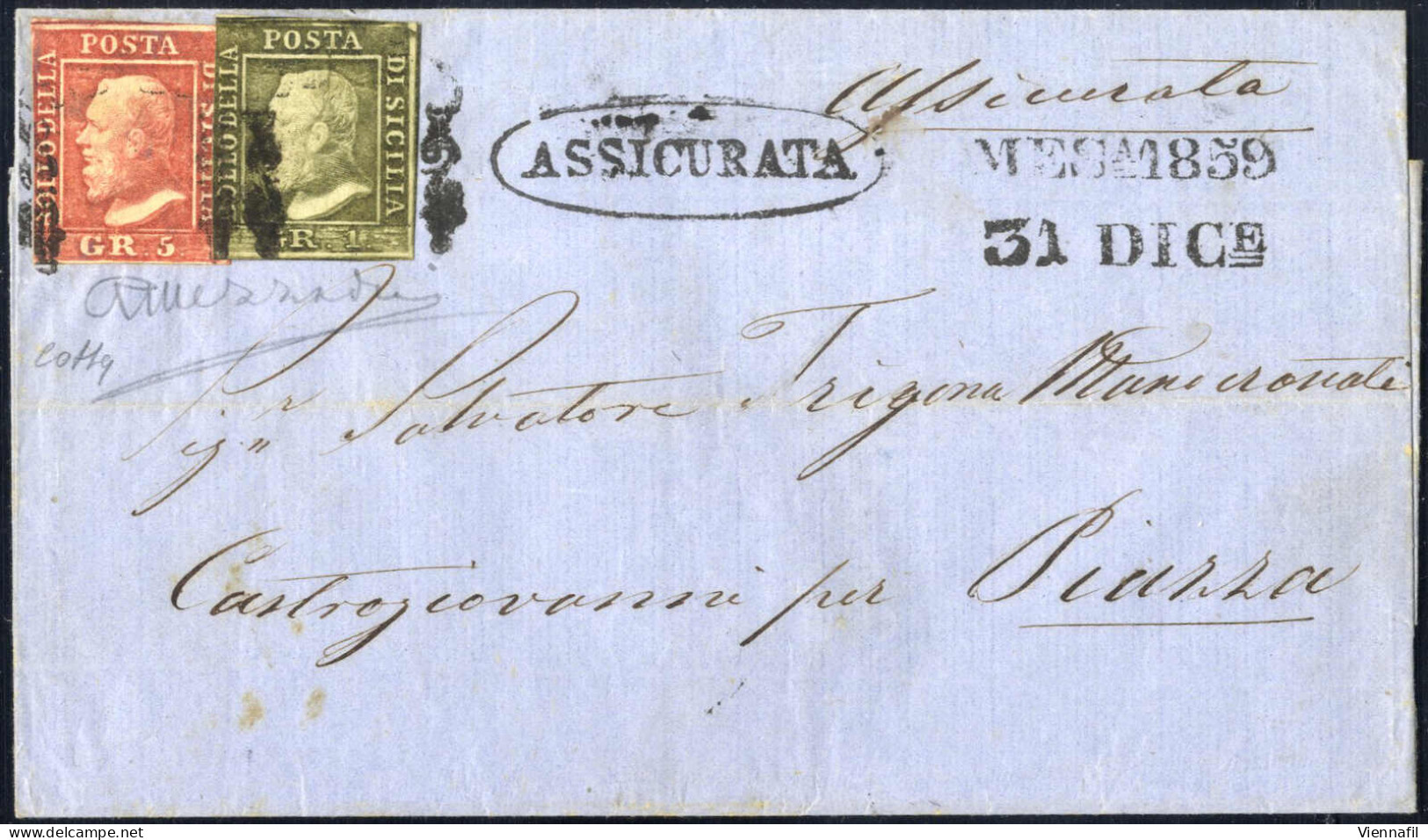 Cover 1859, Assicurata Del 31.12.1859 Da Messina A Castrogiovanni Per Piazza, Affrancata Con 1 Grano Olivo Gristastro, I - Sicily