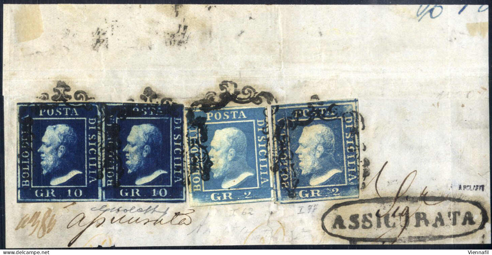 Piece 1859, Frammeno Di Lettera Assicurata Affrancata Con 2 Grana Cobalto, I Tavola, Carta Di Napoli, Pos. 62 + 2 Grana  - Sicile