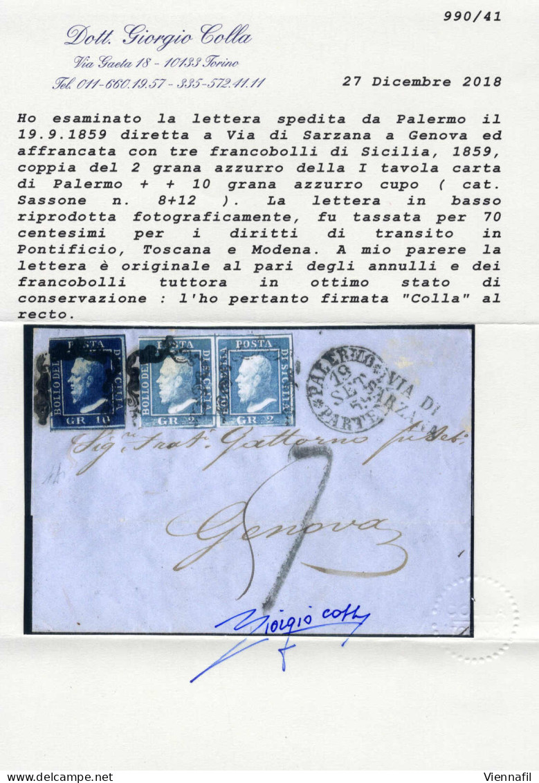 Cover 1859, Lettera Del 19.9.1859 Da Palermo Per Via Di Sarzana A Genova, Affrancata Con 2 Grana Azzurro In Coppia Orizz - Sicily