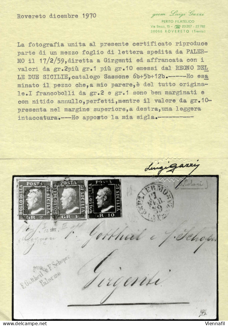 Cover 1859, Lettera (mancante Di Una Parte Laterale) Del 17.2.1859 Da Palermo A Girgenti Affrancata 1 Grano Verde Oliva  - Sicile