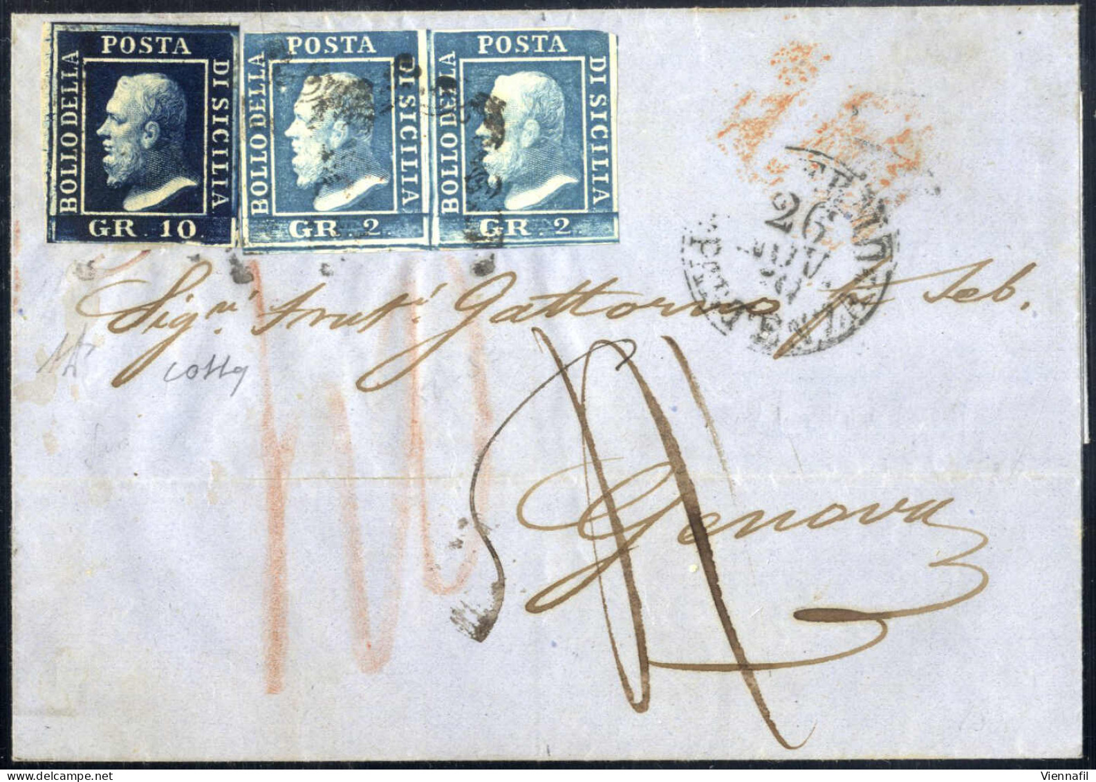 Cover 1859, Lettera Del 26.11.1859 Da Palermo Con Transito A Napoli A Genova, Affrancata Con 2 Grana Azzurro In Coppia O - Sicile