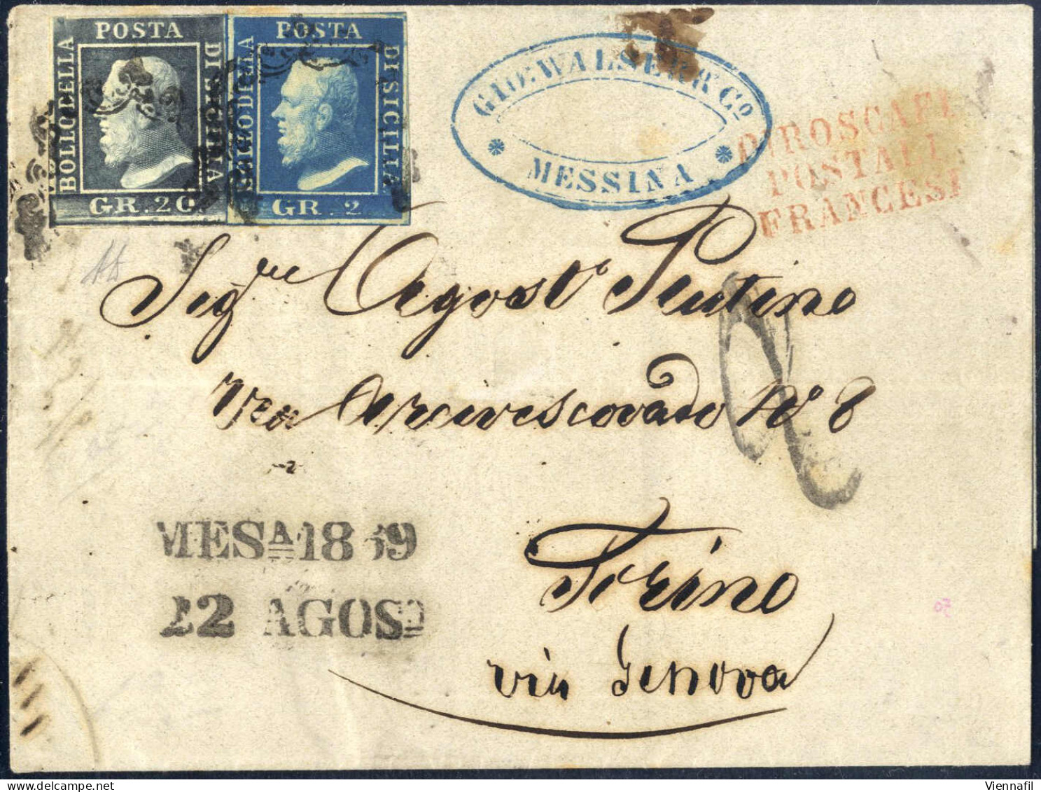 Cover 1859, Lettera (senza La Parte Laterale Sinistra) Del 22.8.1859 Da Messina Via Genova A Torino, Trasportata Coi Pir - Sicilia