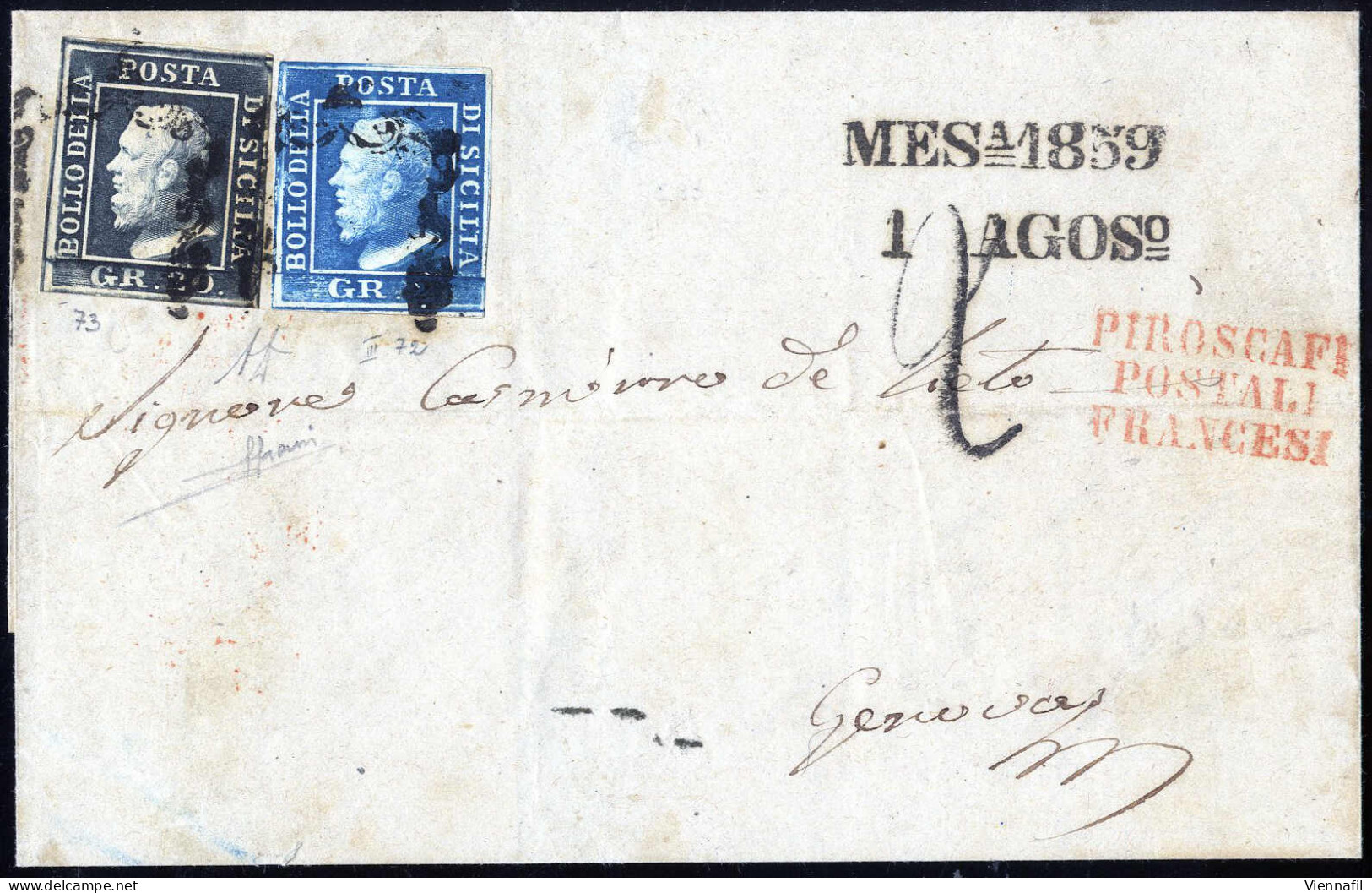 Cover 1859, Lettera Da Messina Del 1.8 Per Genova, Affrancata Con 2 Gr. Azzurro III Tavola E 20 Gr. Grigio Ardesia, Firm - Sicilië