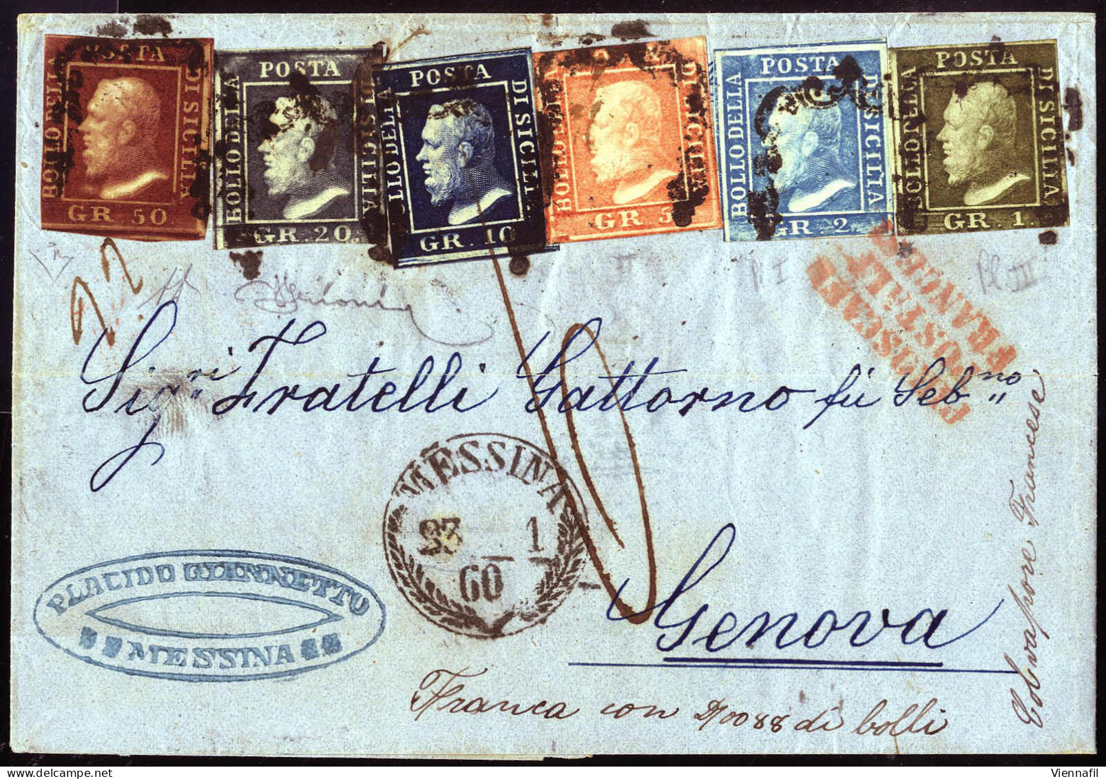 Cover 1860, Spettacolare Busta Seicolore Da Messina 23.1.1860 A Genova Affrancata Per 88 Grana Con Sei Francobolli Di Si - Sizilien
