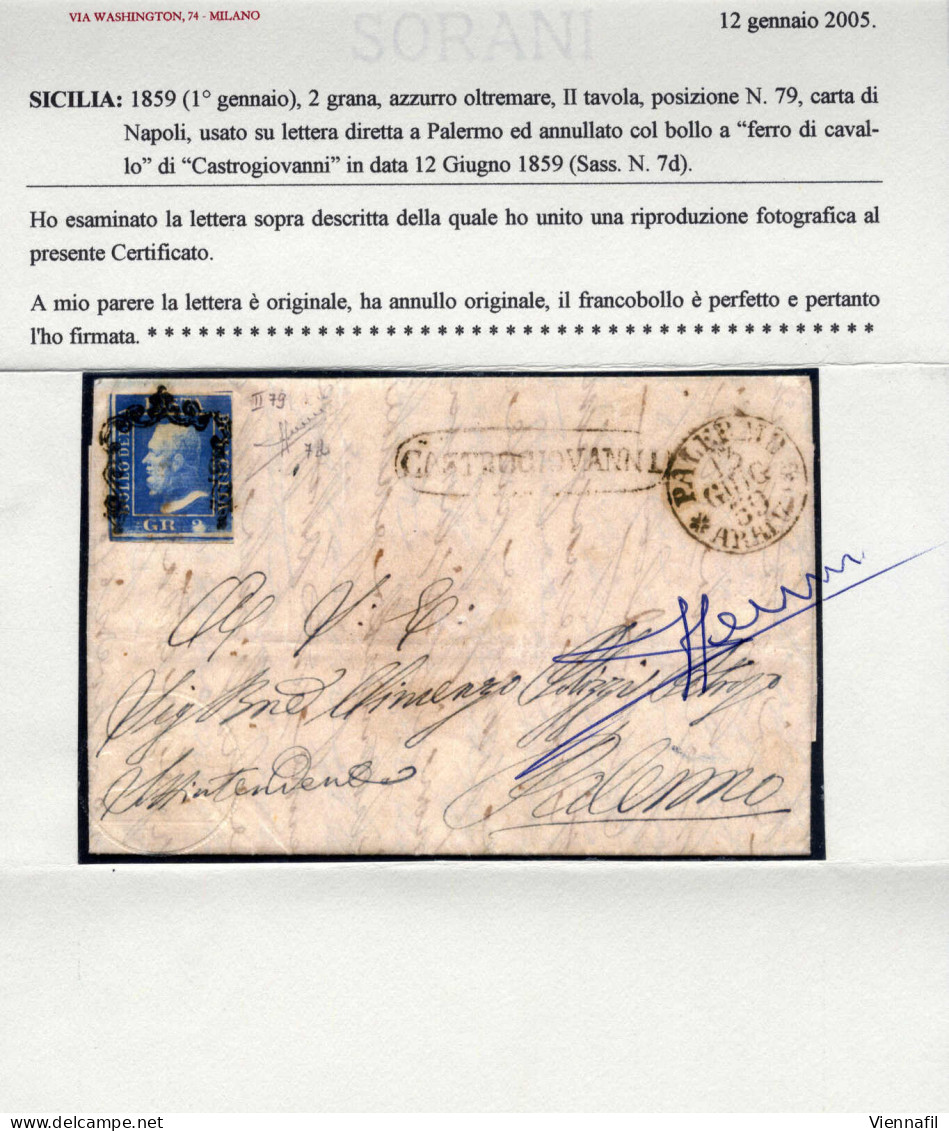 Cover CASTROGIOVANNI, Ovale S.f. Su Lettera Del 12.6.1859 Per Palermo, Affrancata Con 2 Grana Azzurro Oltremare, Carta D - Sicilië