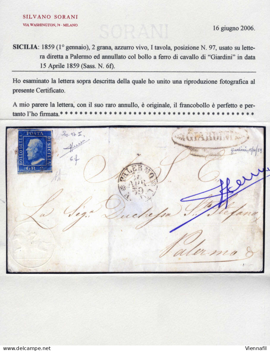 Cover GIARDINI, Ovale C.f. Ben Impresso Su Lettera Del 15.4.1859 Per Palermo, Affrancata Con 2 Grana Azzurro Vivo, I Tav - Sicilia
